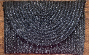 Black Straw Clutch with Black Pompom Trim