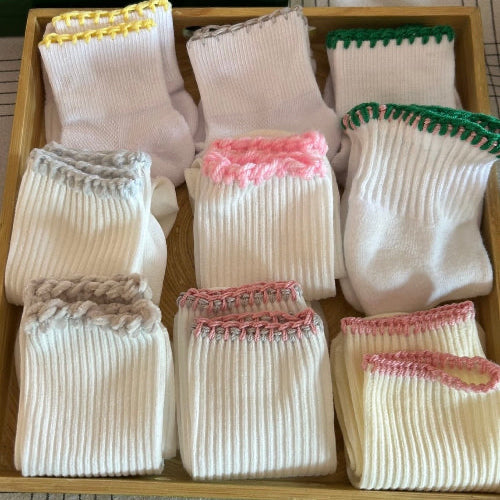 Assorted Whited Ribbed Socks with Embroidered Edges