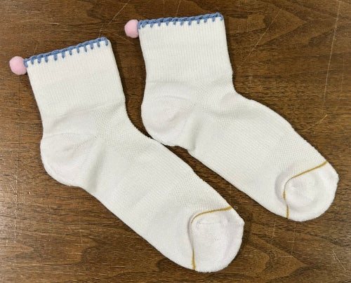 White Ankle Socks with Embroidery and Pompoms