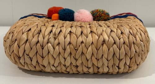 Natural Wicker Tote with Trims and Pompoms