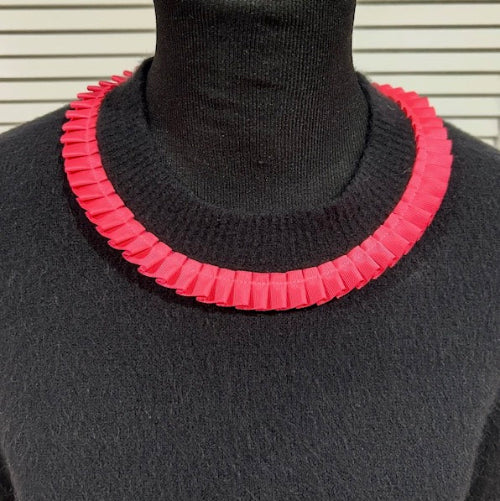 Black, Sweater with Long Sleeves and Bright Pink Pleated Ruffle Trim at Neck