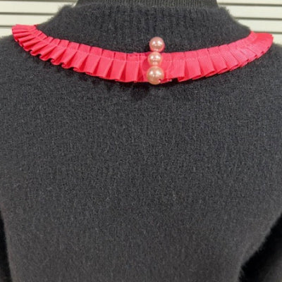 Black, Sweater with Long Sleeves and Bright Pink Pleated Ruffle Trim at Neck