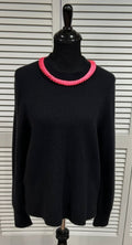 Black, Sweater with Long Sleeves and Bright Pink Pleated Ruffle Trim at Neck