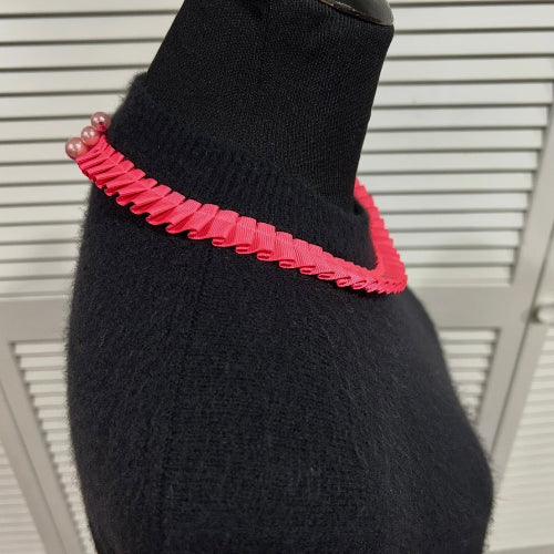 Black, Sweater with Long Sleeves and Bright Pink Pleated Ruffle Trim at Neck