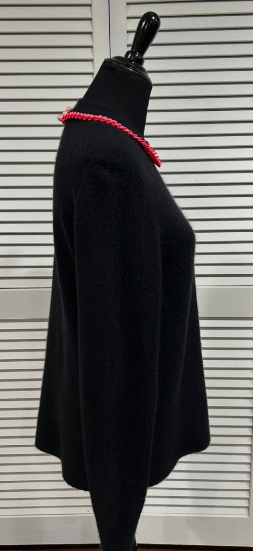 Black, Sweater with Long Sleeves and Bright Pink Pleated Ruffle Trim at Neck