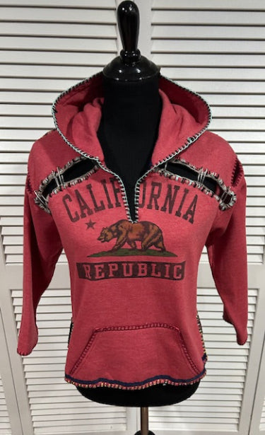 Red Heathered Fleece, "California" Hoodie Pullover Sweatshirt w Embroidery