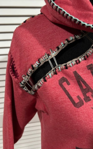 Red Heathered Fleece, "California" Hoodie Pullover Sweatshirt w Embroidery