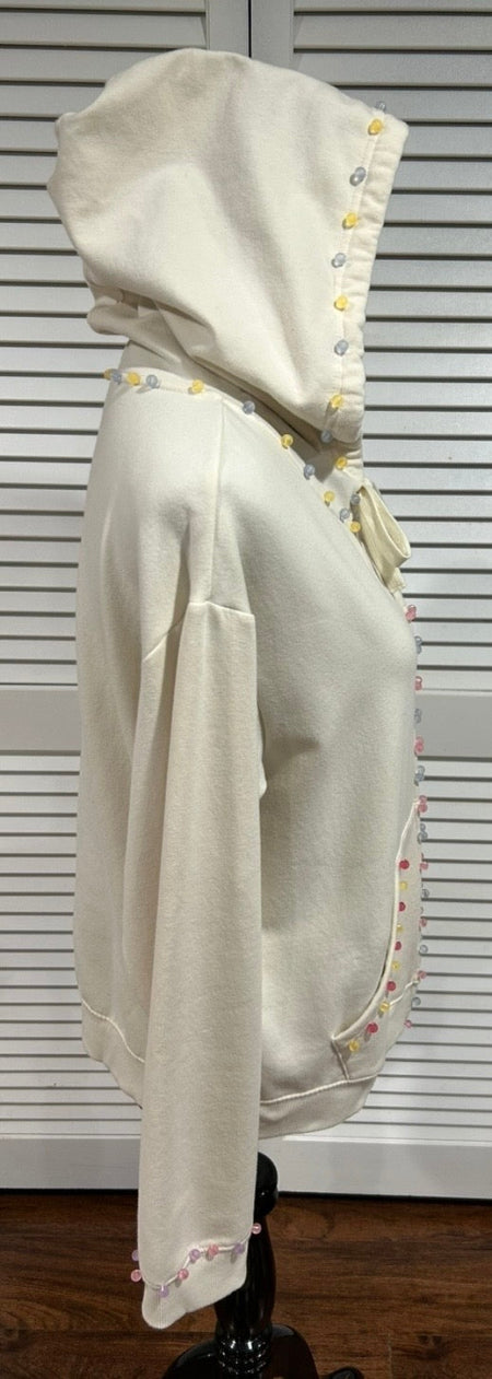 Cream colored, Full Zip Hoodie Sweatshirt with Multi Colored Beads