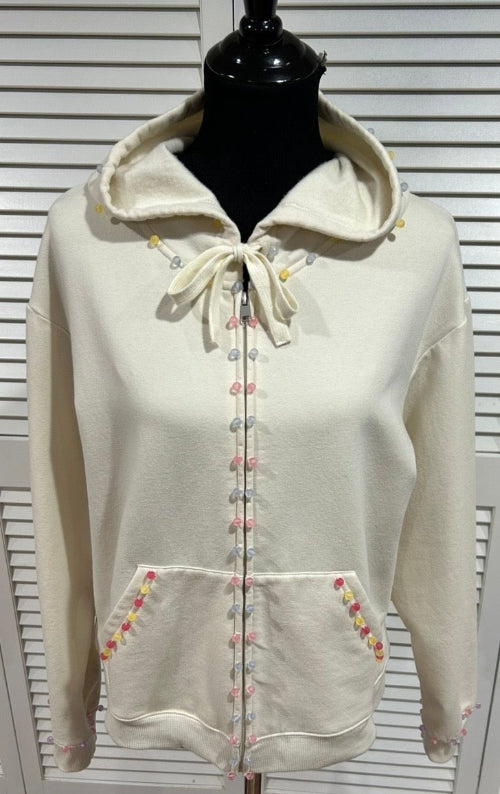 Cream colored, Full Zip Hoodie Sweatshirt with Multi Colored Beads