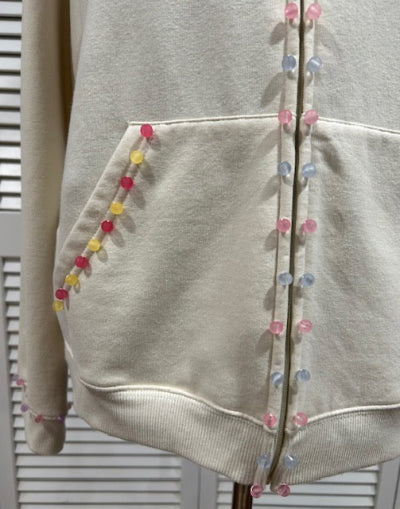 Cream colored, Full Zip Hoodie Sweatshirt with Multi Colored Beads