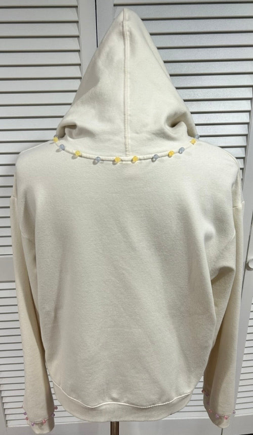 Cream colored, Full Zip Hoodie Sweatshirt with Multi Colored Beads