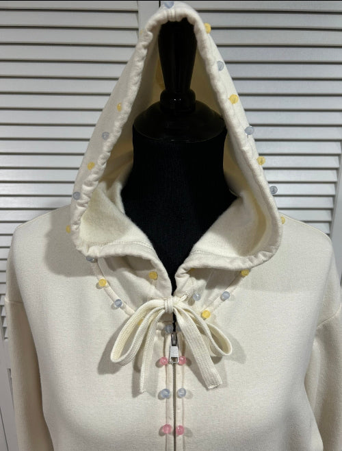 Cream colored, Full Zip Hoodie Sweatshirt with Multi Colored Beads