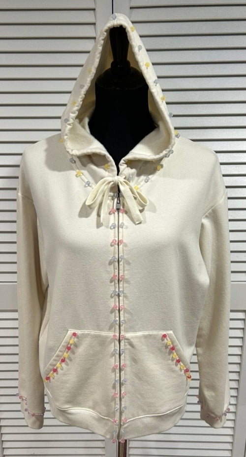 Cream colored, Full Zip Hoodie Sweatshirt with Multi Colored Beads