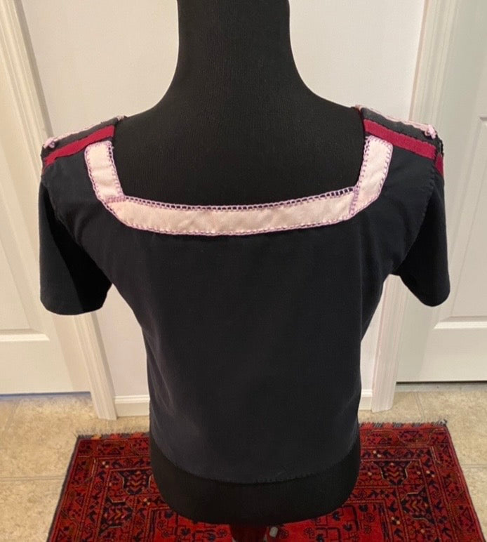 Black, Square Necked Tee with Novelty Trims