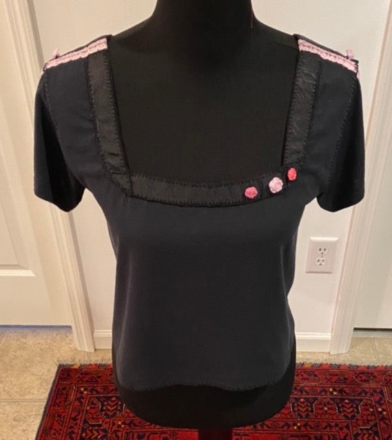 Black, Square Necked Tee with Novelty Trims