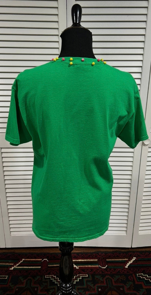 Green Short Sleeve Tee with Hot Pink and Yellow Beads at Neck