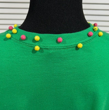 Green Short Sleeve Tee with Hot Pink and Yellow Beads at Neck