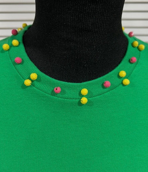 Green Short Sleeve Tee with Hot Pink and Yellow Beads at Neck