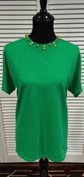 Green Short Sleeve Tee with Hot Pink and Yellow Beads at Neck