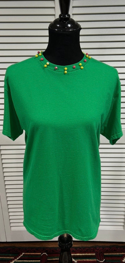 Green Short Sleeve Tee with Hot Pink and Yellow Beads at Neck