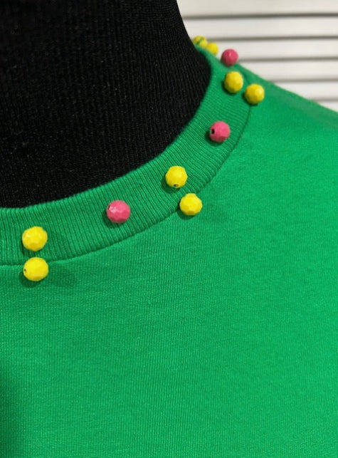 Green Short Sleeve Tee with Hot Pink and Yellow Beads at Neck