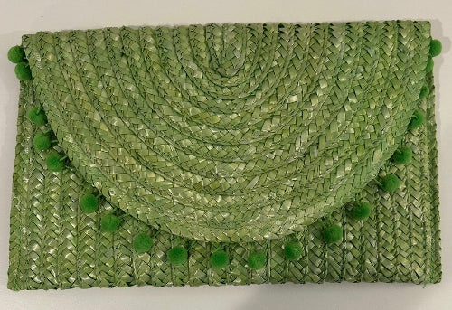 Lime Green Straw Clutch with Pom Pom Trim