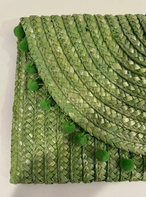 Lime Green Straw Clutch with Pom Pom Trim