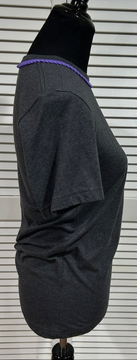 Med Heather Grey Short Sleeve Tee with Purple Neck Trim