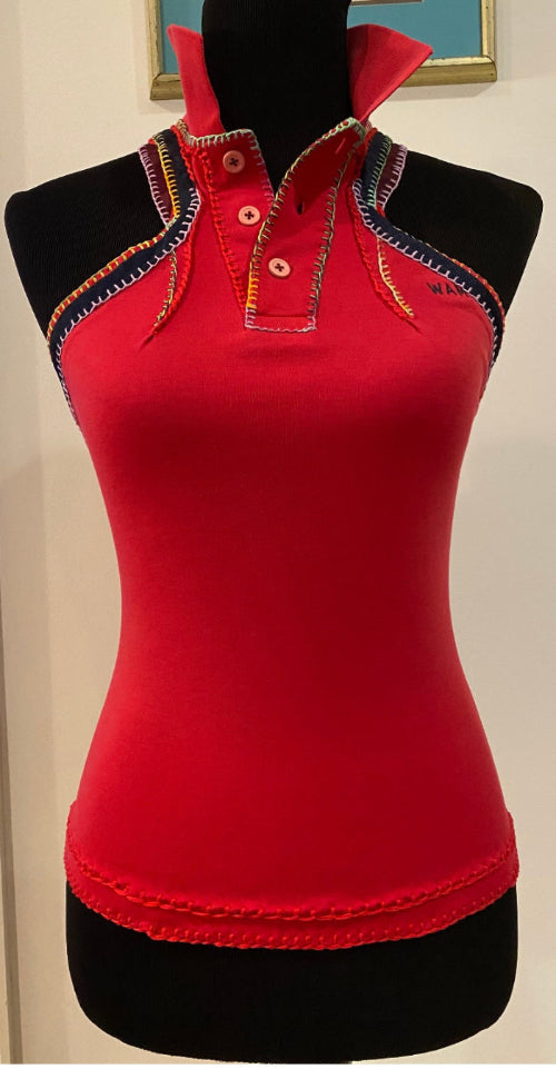 Red Colored - Polo Collar Halter Top with Criss Cross Ribbon At Back