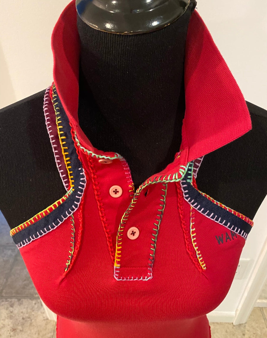 Red Colored - Polo Collar Halter Top with Criss Cross Ribbon At Back