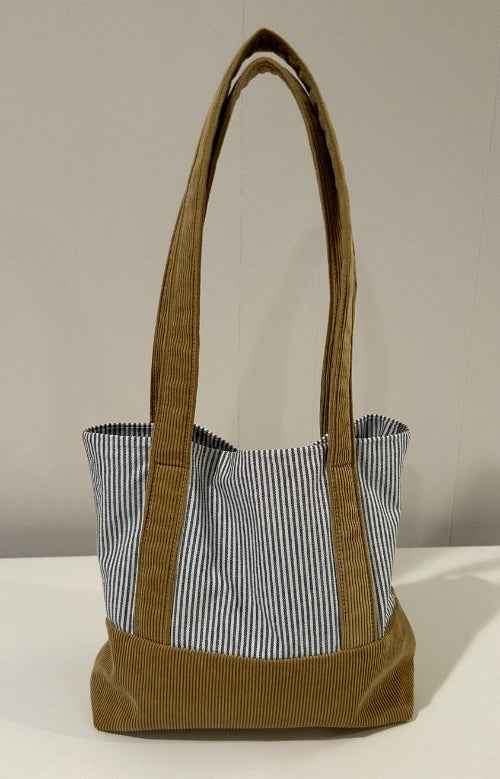 Navy & White Oxford Stripe & Tan Corduroy Small Tote