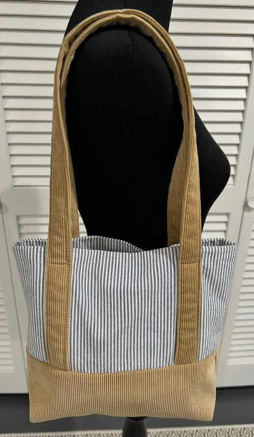 Navy & White Oxford Stripe & Tan Corduroy Small Tote