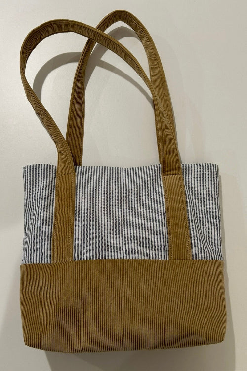 Navy & White Oxford Stripe & Tan Corduroy Small Tote