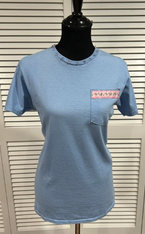 Pale Blue, Short Sleeve Tee with Pale Pink Beads at Neck and Patterned Ribbon at Pocket