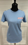 Pale Blue, Short Sleeve Tee with Pale Pink Beads at Neck and Patterned Ribbon at Pocket