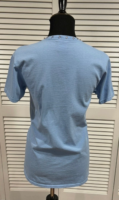 Pale Blue, Short Sleeve Tee with Pale Pink Beads at Neck and Patterned Ribbon at Pocket