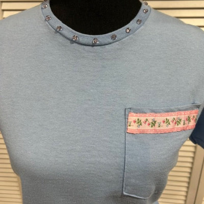 Pale Blue, Short Sleeve Tee with Pale Pink Beads at Neck and Patterned Ribbon at Pocket