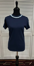Navy Short Sleeve Tee with Lt Blue & White Ruffle Trim @ Neck