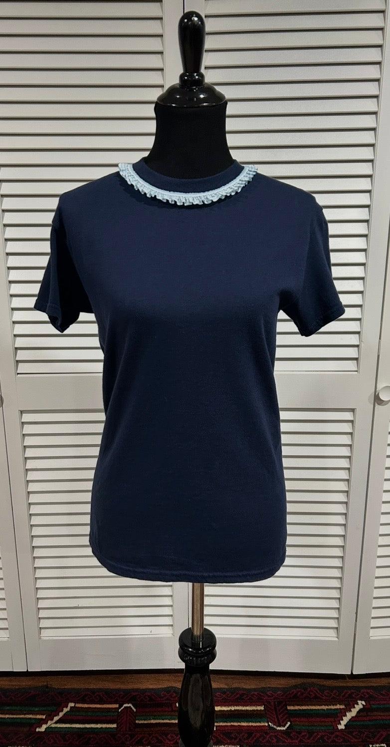 Navy Short Sleeve Tee with Lt Blue & White Ruffle Trim @ Neck