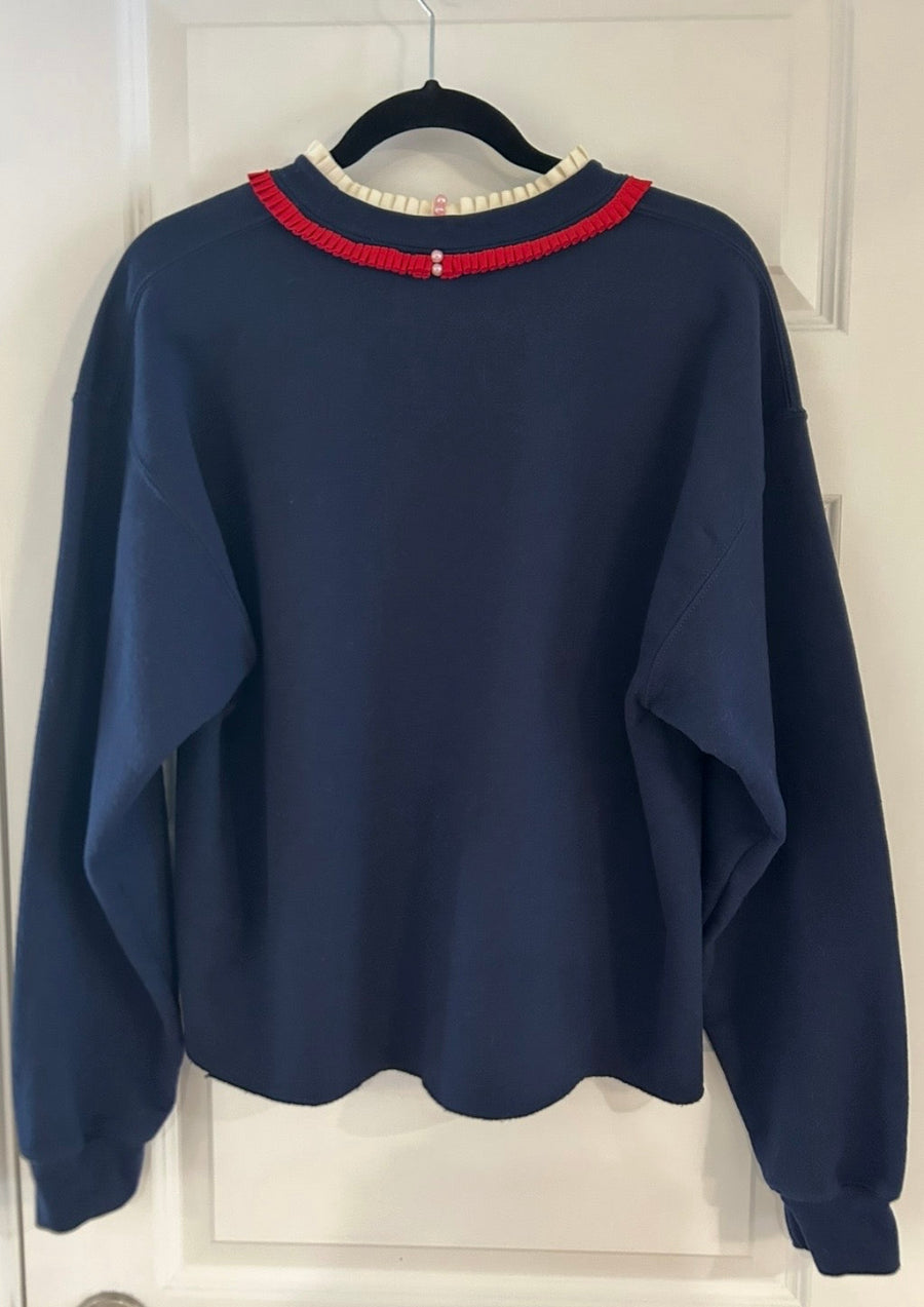 Navy Long Sleeved Sweatshirt with Ribbon Trims at Neckline