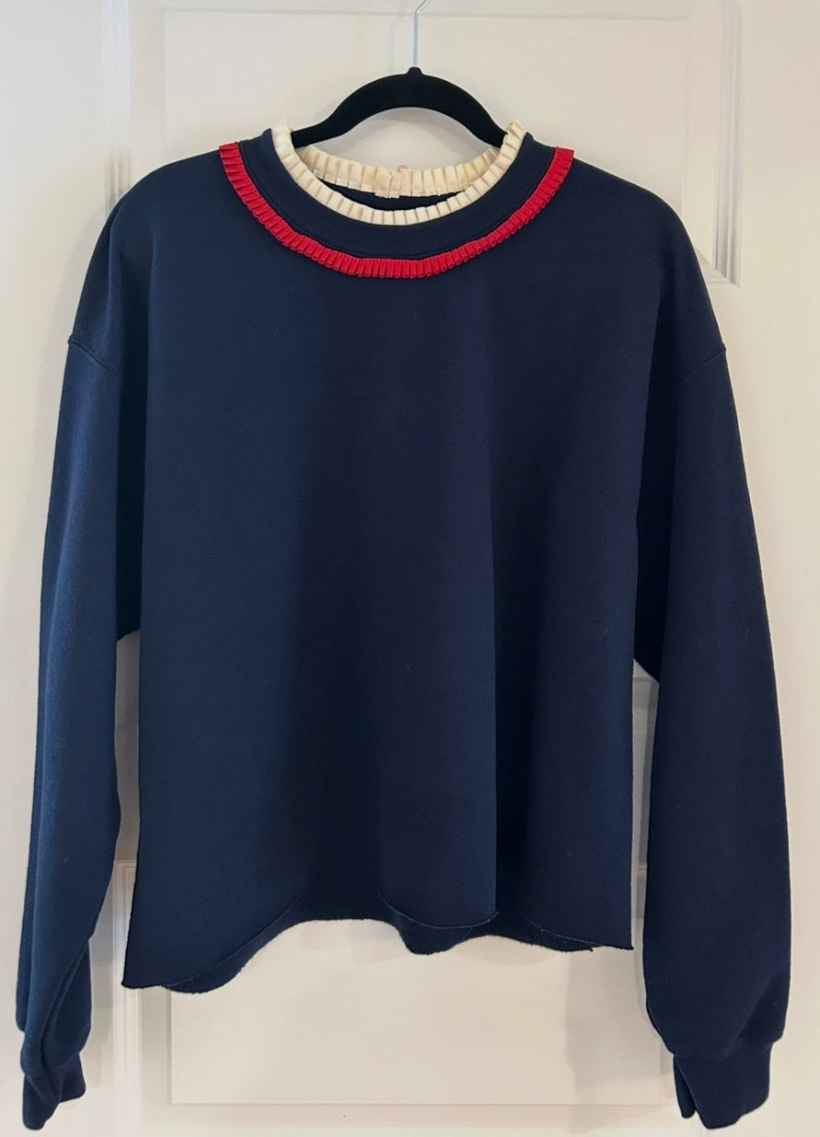 Navy Long Sleeved Sweatshirt with Ribbon Trims at Neckline
