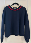 Navy Long Sleeved Sweatshirt with Ribbon Trims at Neckline