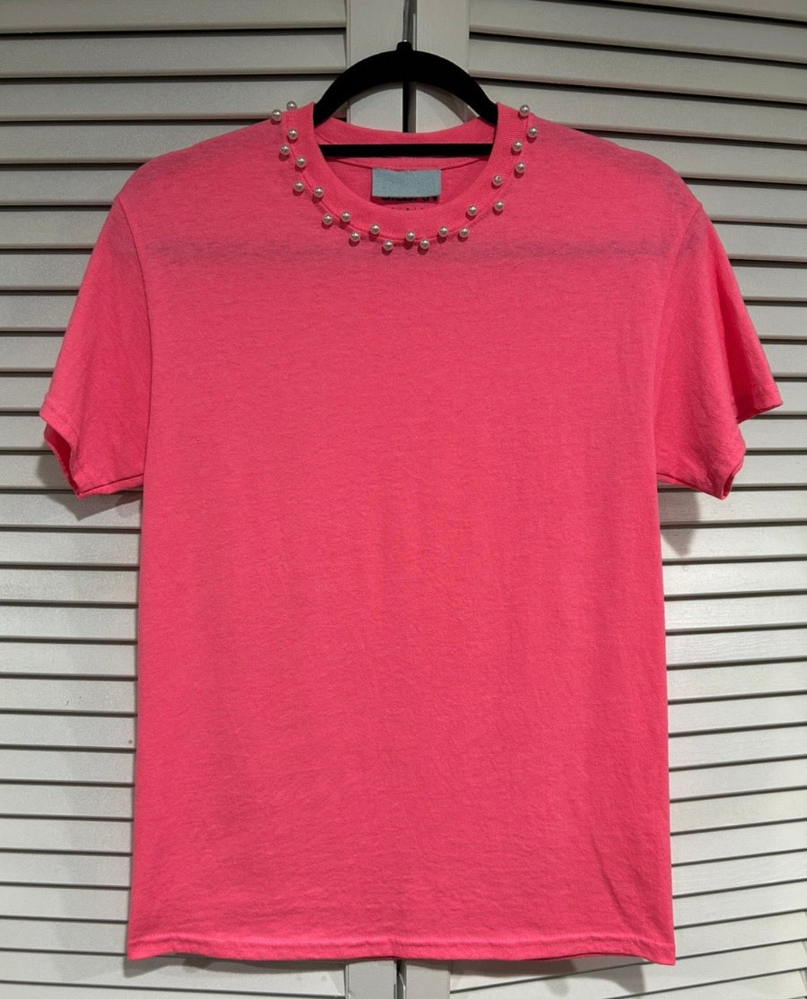 Neon Pink Tee with Pearl Trim