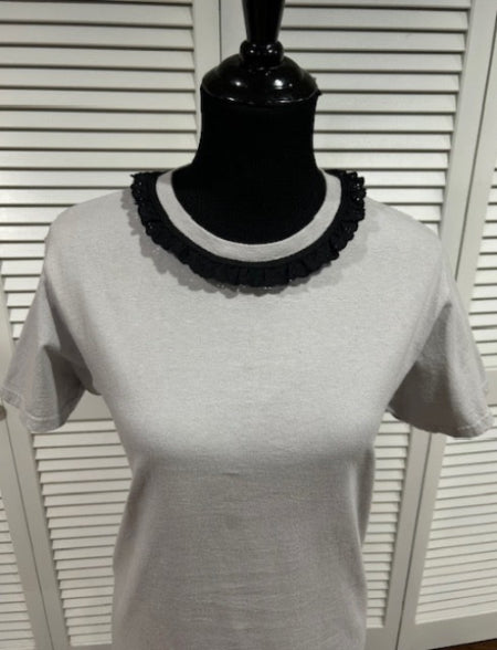 Pale Grey, Short Sleeved Tee with Black Eyelet Trim at Neckline