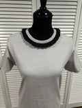 Pale Grey, Short Sleeved Tee with Black Eyelet Trim at Neckline