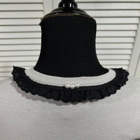 Pale Grey, Short Sleeved Tee with Black Eyelet Trim at Neckline