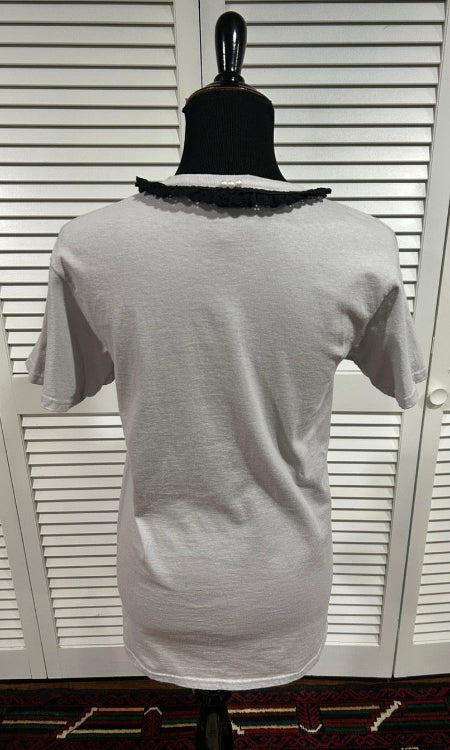 Pale Grey, Short Sleeved Tee with Black Eyelet Trim at Neckline