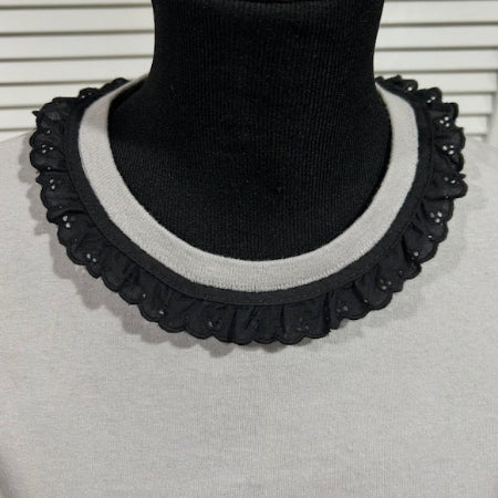 Pale Grey, Short Sleeved Tee with Black Eyelet Trim at Neckline