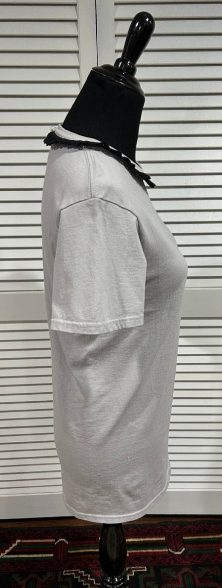 Pale Grey, Short Sleeved Tee with Black Eyelet Trim at Neckline