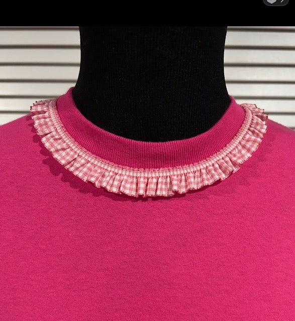 Hot Pink, Short Sleeve Tee with Ruffled Gingham Check Trim at Neck